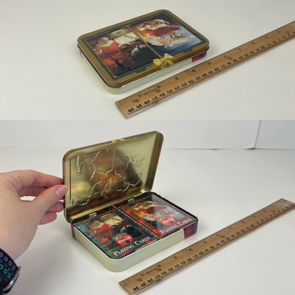 Vtg 1997 Coca Cola Santa Christmas Hinged Tin with 2 Sealed Decks‎ Playing Cards